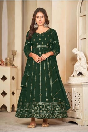 Costume Anarkali en georgette brodé en vert avec dupatta AS3855
