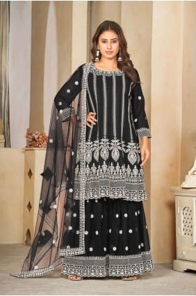 Costume Georgette Anarkali en noir avec broderie AS3857