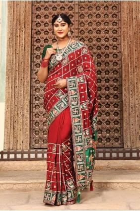 Saree en soie brodé marron, impression numérique SR26592