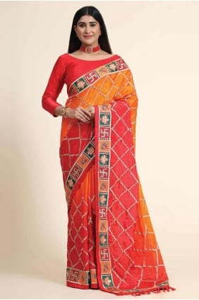Sari Orange En Soie Brodée SR26595