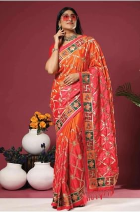 sari en soie orange avec broderie SR26598