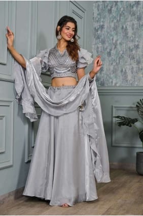 tissu lehenga choli en gris avec broderie LC7681