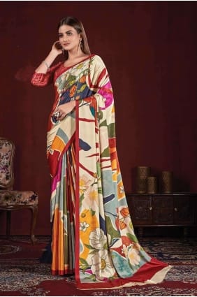 Saree multicolore en soie à impression numérique SR26601