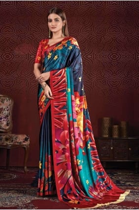 Saree multicolore en soie Impression numérique SR26605