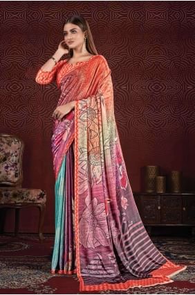 Sari multicolore en soie à impression numérique SR26610