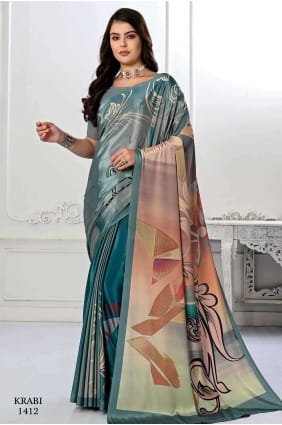 Saree bleu sarcelle Impression numérique Crêpe de soie SR26619