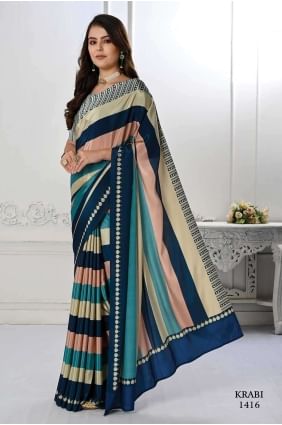 Impression numérique Crêpe de soie Rayures multicolores Sari SR26621