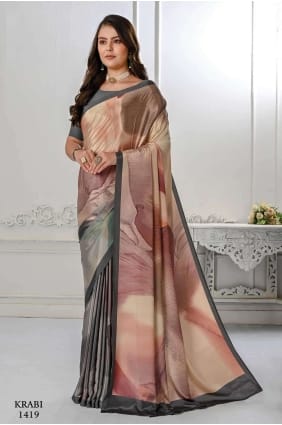 Saree en crêpe de soie à impression numérique en gris et pêche SR26622