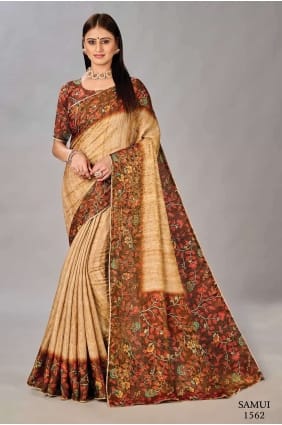 Sari en soie beige avec impression numérique SR26629