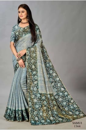 Saree Soie bleu clair avec impression numérique SR26631