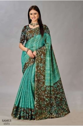 Vert en soie Saree avec impression numérique SR26638