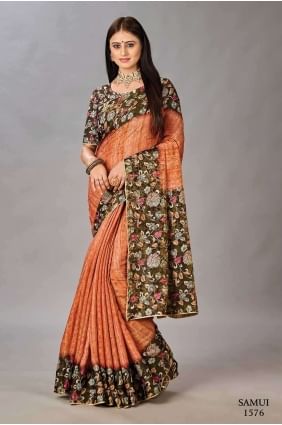 Saree en soie orange avec impression numérique SR26640