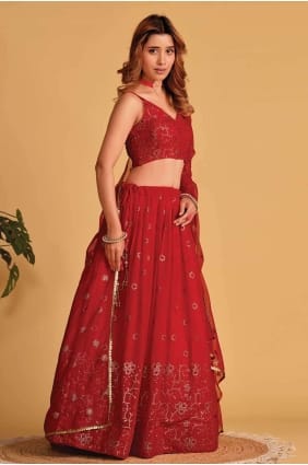 Lehenga Choli en Georgette Rouge Brodée LC7696