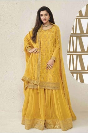Costume sharara jaune jacquard brodé avec dupatta SS1136