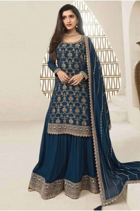 Costume Sharara bleu jacquard brodé avec dupatta SS1137