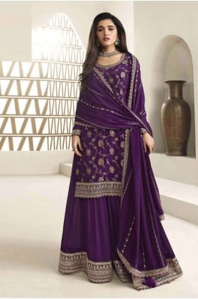 Costume Sharara violet en jacquard avec broderie SS1138