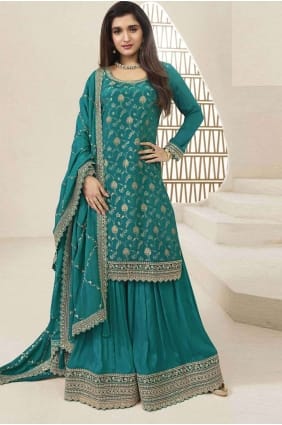 Costume Sharara bleu ciel en jacquard avec broderies SS1139