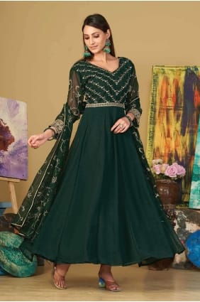 Costume Anarkali vert en georgette brodée AS3858