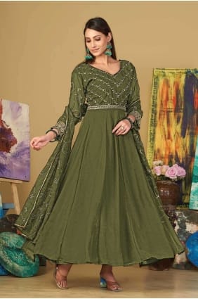 Costume Georgette Anarkali en vert clair avec broderie AS3859