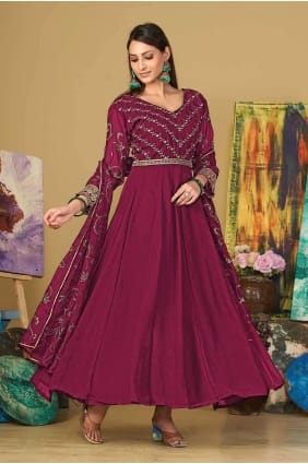 Costume Anarkali Georgette rose foncé en broderie AS3861