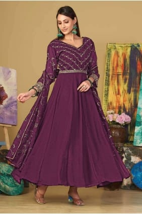 Costume Anarkali Brodé Violet en Georgette AS3863