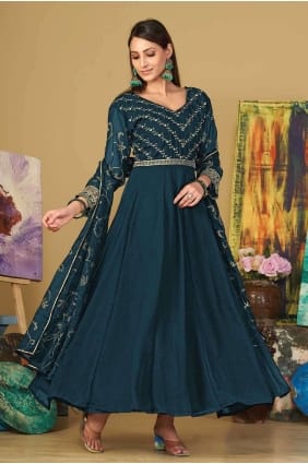 Costume Anarkali en Georgette brodée bleu turquoise AS3865