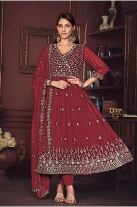 Costume Georgette Anarkali en marron avec broderie AS3867