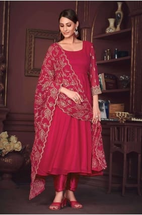 Costume Anarkali brodé rose en georgette AS3876