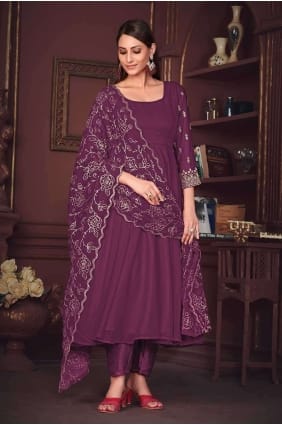 Costume Anarkali violet en georgette brodée AS3880