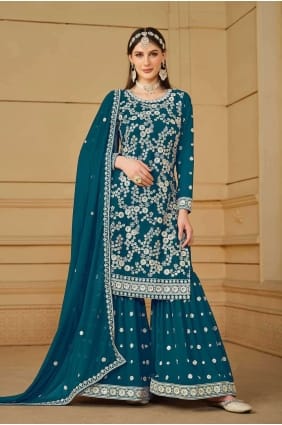 Costume palazzo en fausse georgette brodé en sarcelle PZ3959