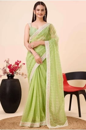 Saree net en vert d'eau avec broderie SR26750