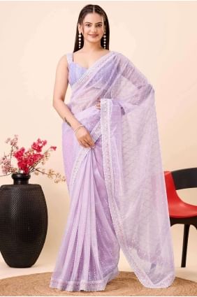 sari en filet brodé violet clair SR26751
