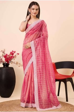 Sari en filet brodé rose avec chemisier SR26752