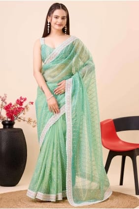 Saree net en vert clair avec broderie SR26753