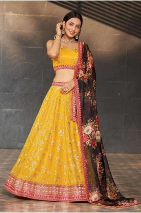 Paillettes Georgette Lehenga Choli en jaune avec dupatta LC7717