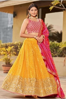 Lehenga Choli en paillettes de georgette jaune LC7727