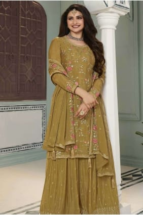 Costume palazzo en mousseline brodée moutarde PZ3963