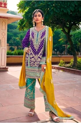 Violet Salwar Kameez en mousseline de soie avec broderie SK154146