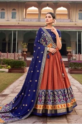 Choli Lehenga imprimé en soie Tussar orange avec dupatta LC7731