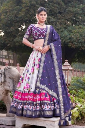 Choli Lehenga bleu marine imprimé en soie Tussar avec dupatta LC7740