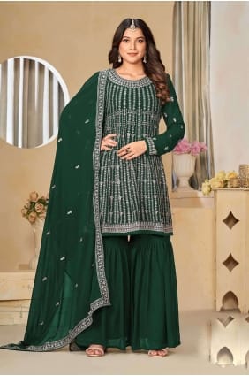 Costume Palazzo Brodé Vert En Fausse Georgette avec Dupatta PZ3967