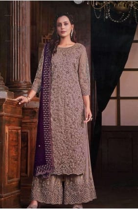 Costume palazzo brodé en filet mauve avec dupatta PZ3971