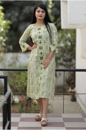 Kurti olive en coton imprimé avec dupatta KTI2386
