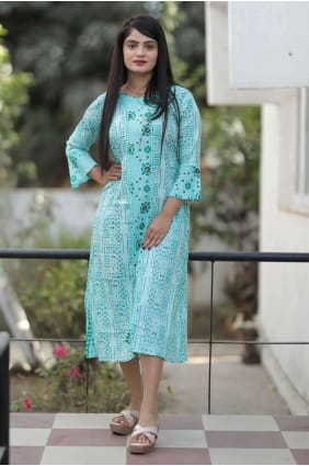 Kurti en coton bleu ciel avec imprimé KTI2387