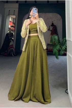 Costume en georgette anarkali en vert avec tissage AS3893