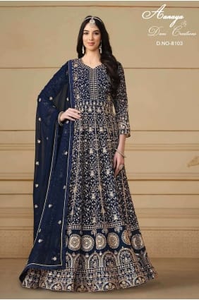 Costume Palazzo Faux Bleu Brodé avec Dupatta GW0818