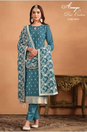 Tailleur pantalon droit en filet brodé en bleu sarcelle avec Dupatta SK154153