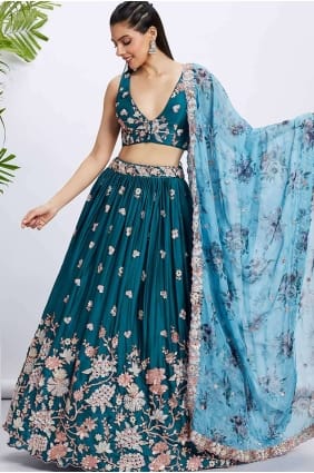 Choli en georgette lehenga brodée en sarcelle LC7762