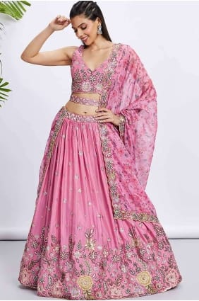 Lehenga Choli en soie grège brodée en rose LC7783