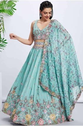 Lehenga Choli en soie brute avec bleu turquoise brodé LC7784